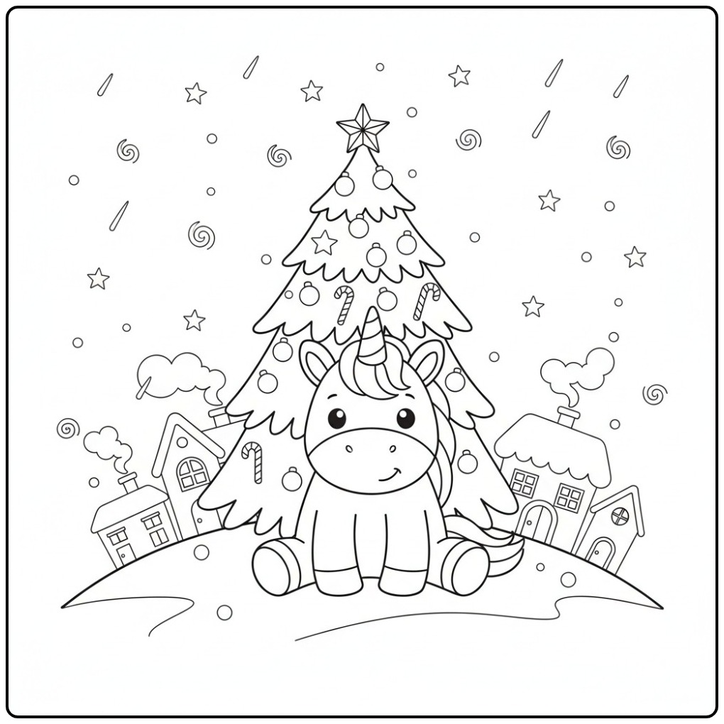 Een lieve Makkelijke kerst unicorn kleurplaat in een winterdorp.