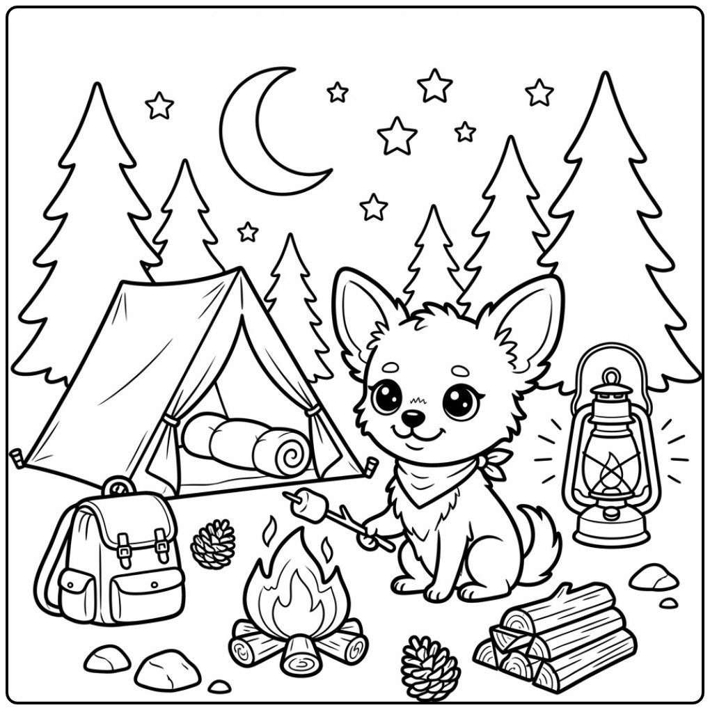 Leuke kleurplaat chihuahua die kampeert bij een kampvuur.