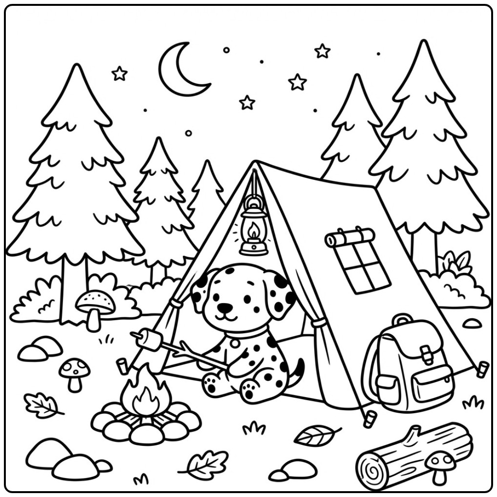 Een schattige kleurplaat dalmatier die kampeert in het bos.