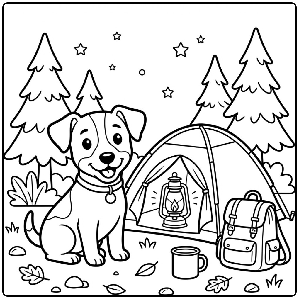 Leuke kleurplaat jack russel zittend bij een tent in het bos.