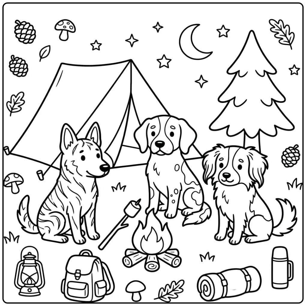 Een honden kleurplaat makkelijk van drie hondjes bij een tent.