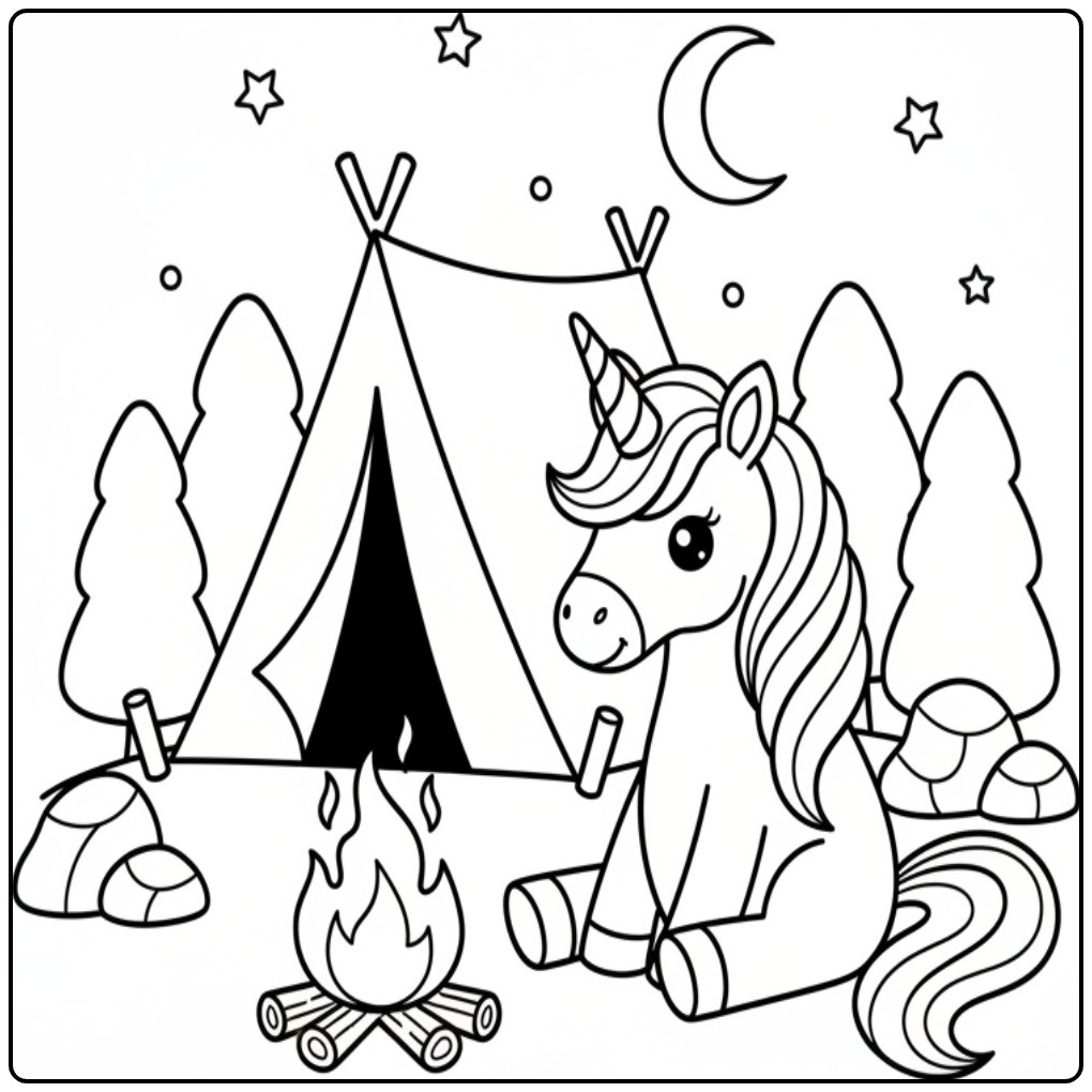 Een schattige zittende unicorn kleurplaat makkelijk bij een tent.
