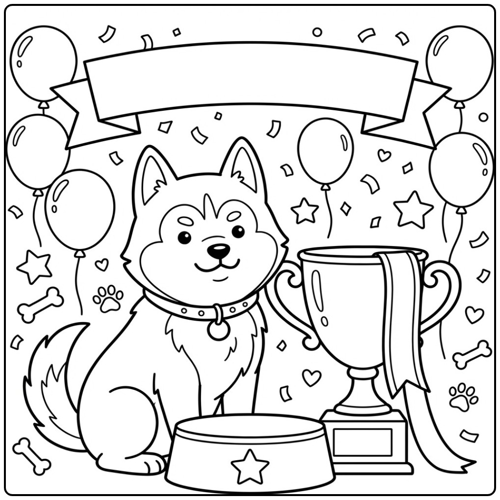 Een trotse hond op een feestelijke kleurplaat husky met een beker.
