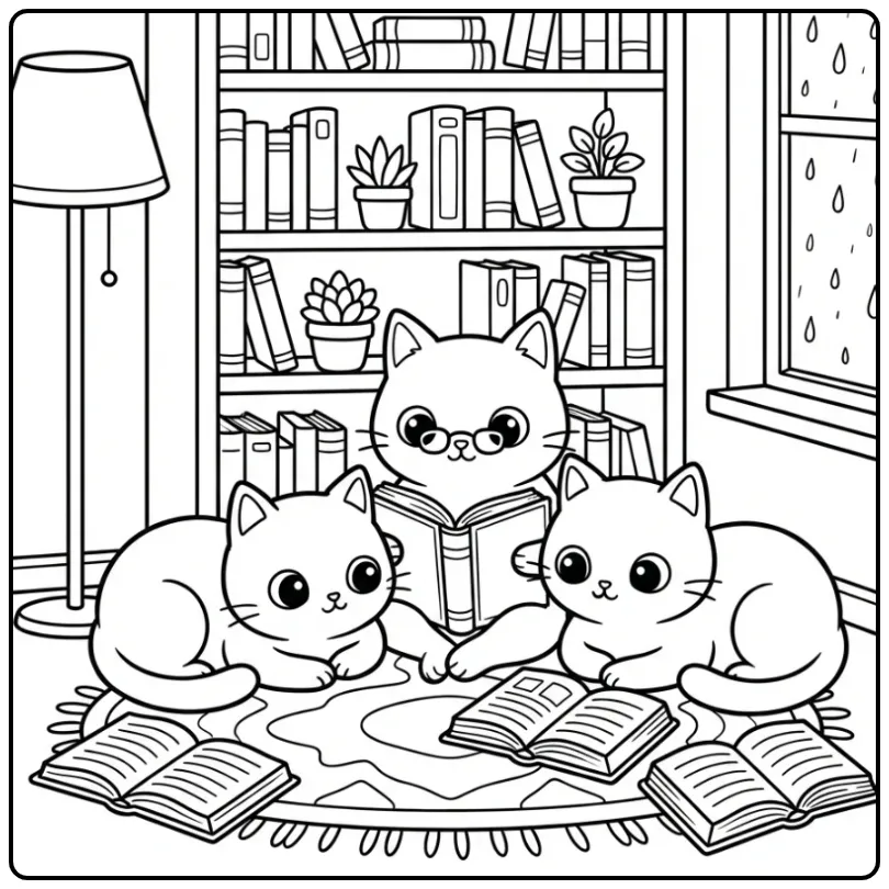 Schattige katten kleurplaat met drie lezende poezen.