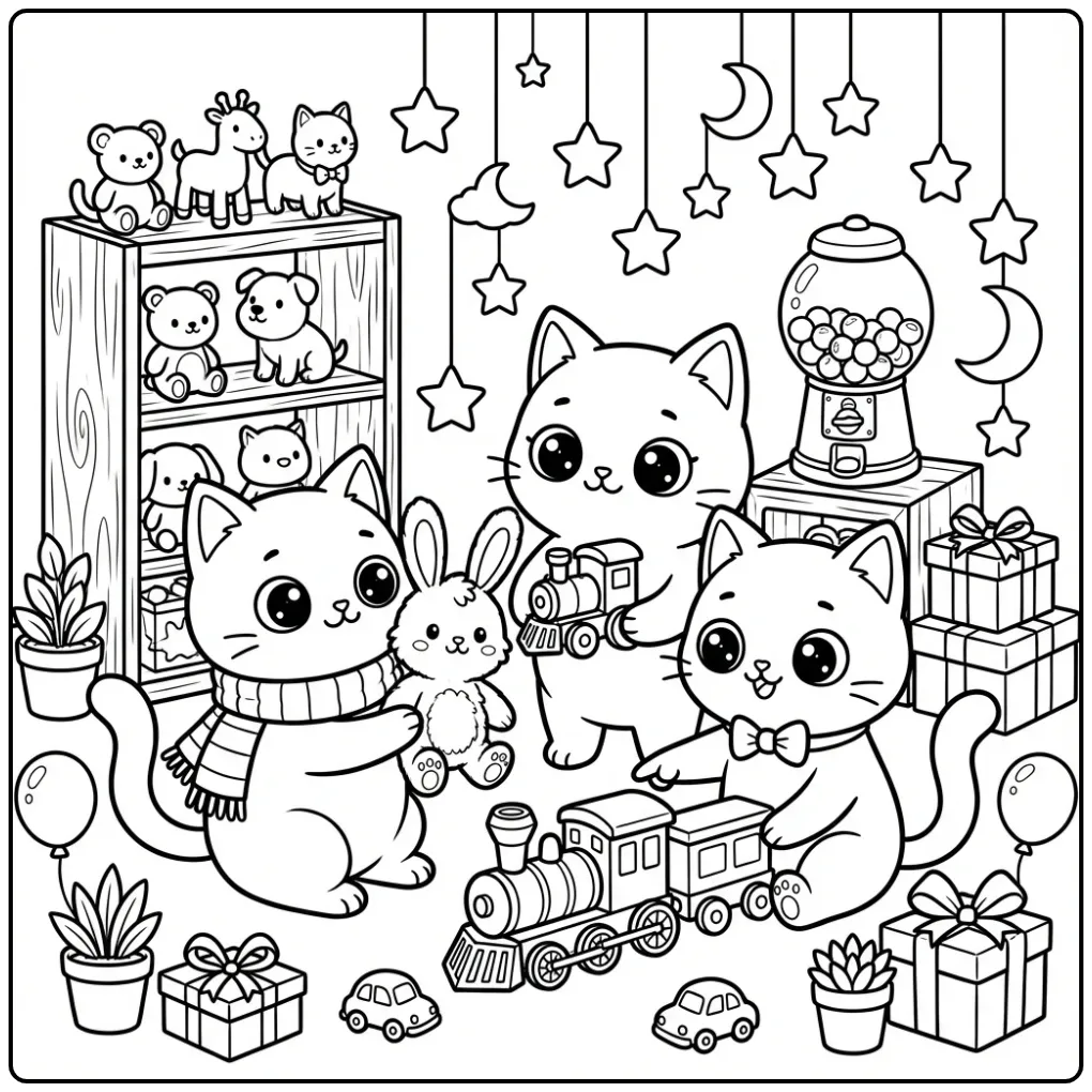 Schattige katten kleurplaat in een volle speelgoedwinkel.