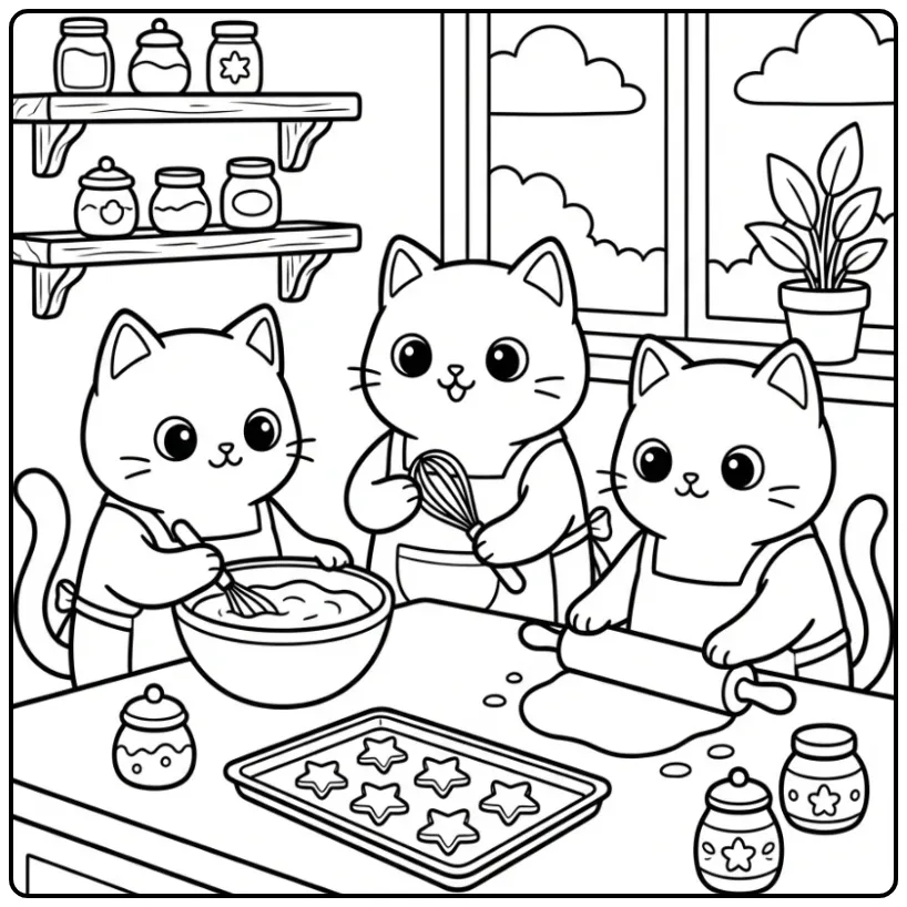 Schattige katten kleurplaat bakkend in de keuken.