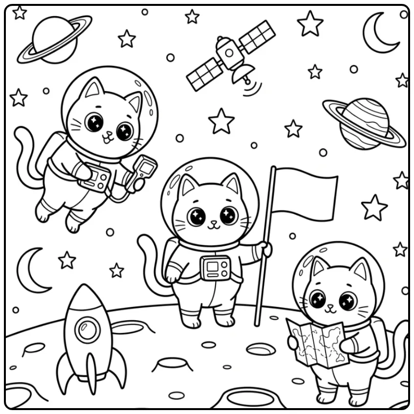Schattige katten kleurplaat van drie astronauten.