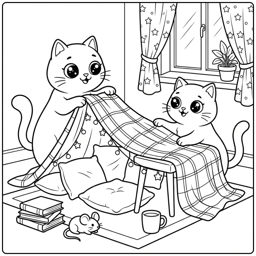 Schattige katten kleurplaat bouwen een gezellig dekenfort.