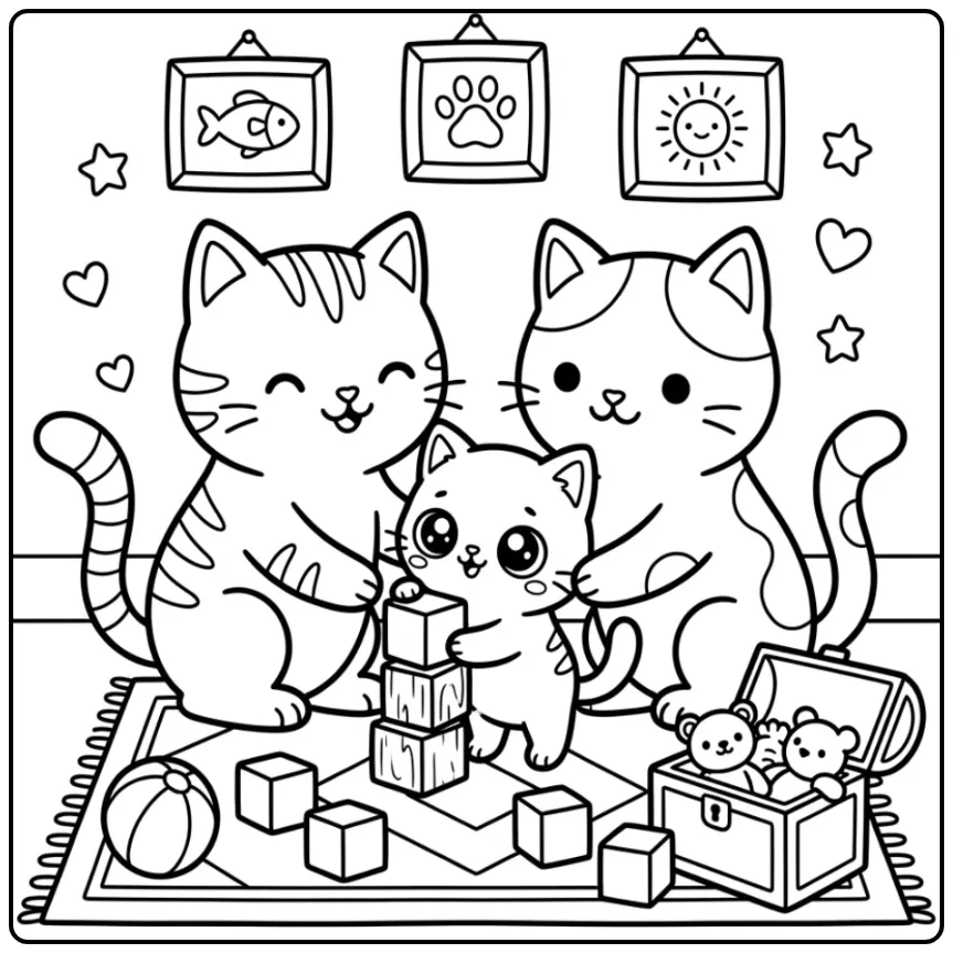 Schattige katten kleurplaat met spelende kitten en blokken.