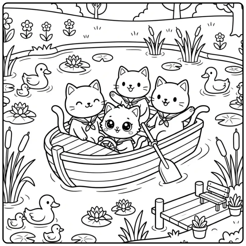 Schattige katten kleurplaat met kitten op een waterfiets.