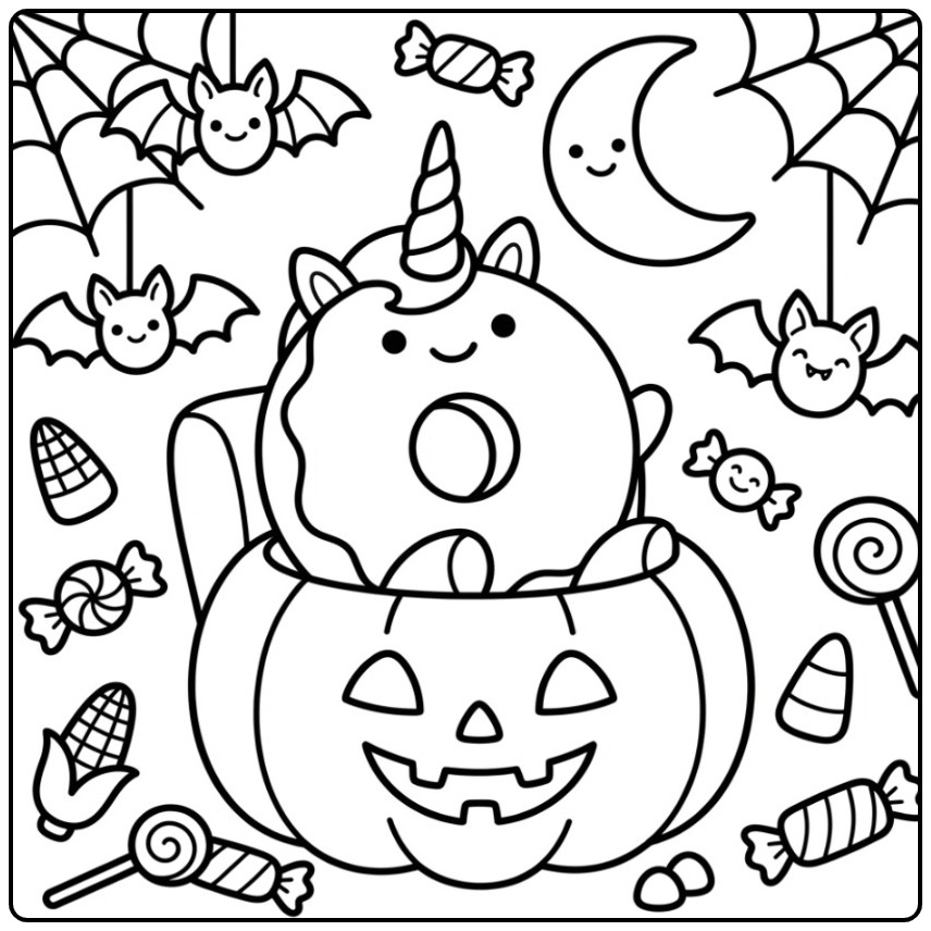 Een schattige Halloween donut eenhoorn kleurplaat in een pompoen.