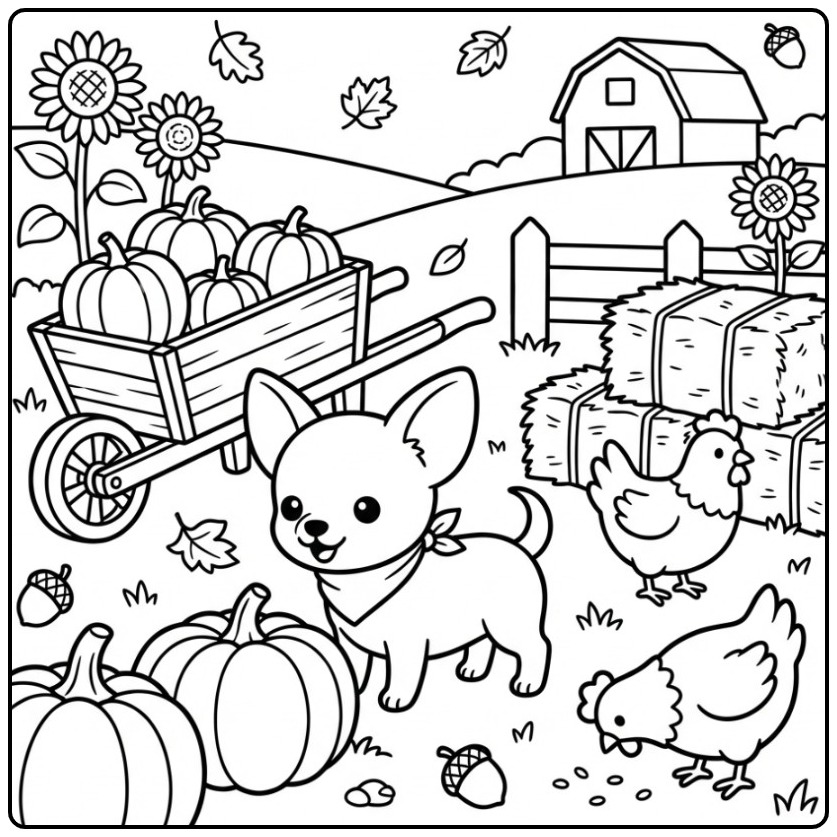 Leuke herfst kleurplaat chihuahua op de boerderij met pompoenen.