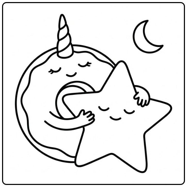 Schattige kleurplaat donut unicorn die een ster knuffelt.