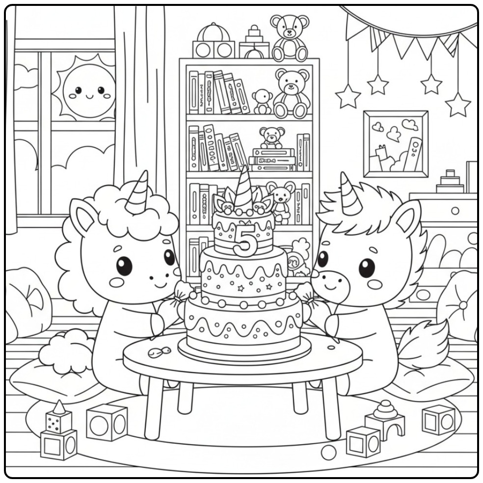 Twee vriendjes op een Kleurplaat eenhoorn met verjaardagstaart.