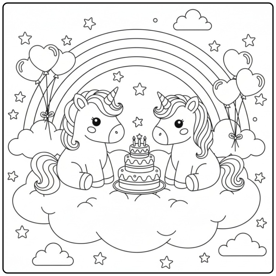 Kleurplaat eenhoorn op een regenboog-verjaardagsfeest met taart.