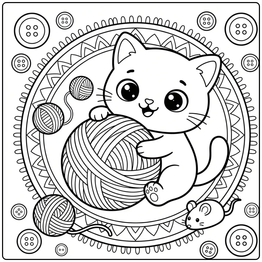 Schattige kawaii kleurplaat kitten met grote bol wol en knopen