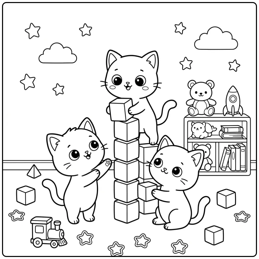 Schattige kawaii kleurplaat kitten met drie spelende poesjes.