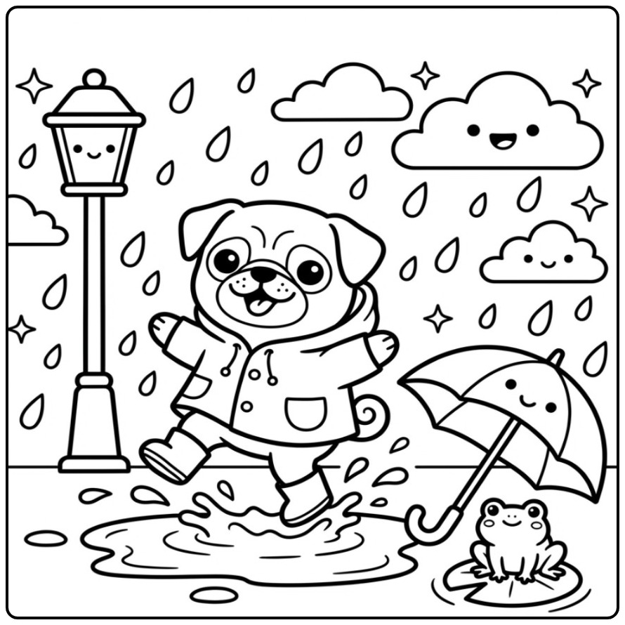 Vrolijke kleurplaat mopshond in regenjas springt in een plas.