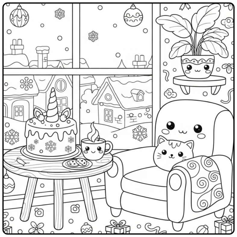 Gezellige woonkamer Kleurplaat unicorn kerst taart en een kat.