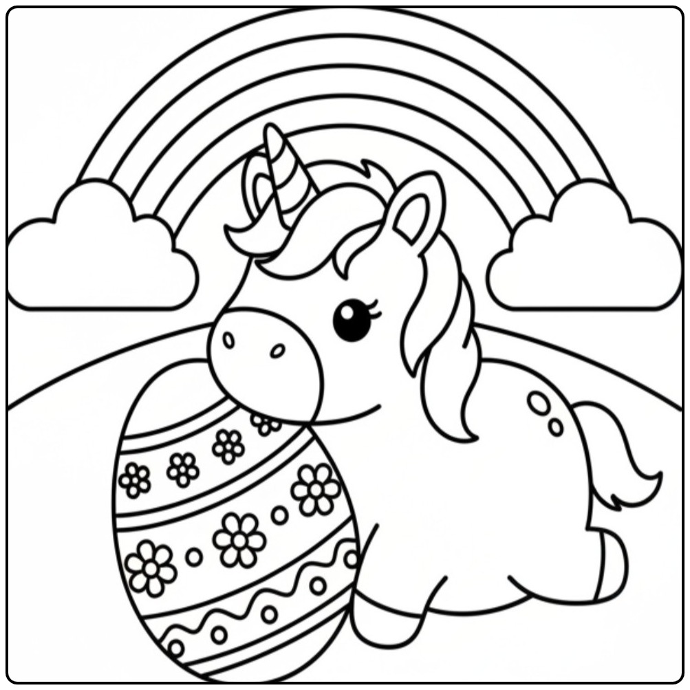Lief Kawaii kleurplaat unicorn Pasen met ei!