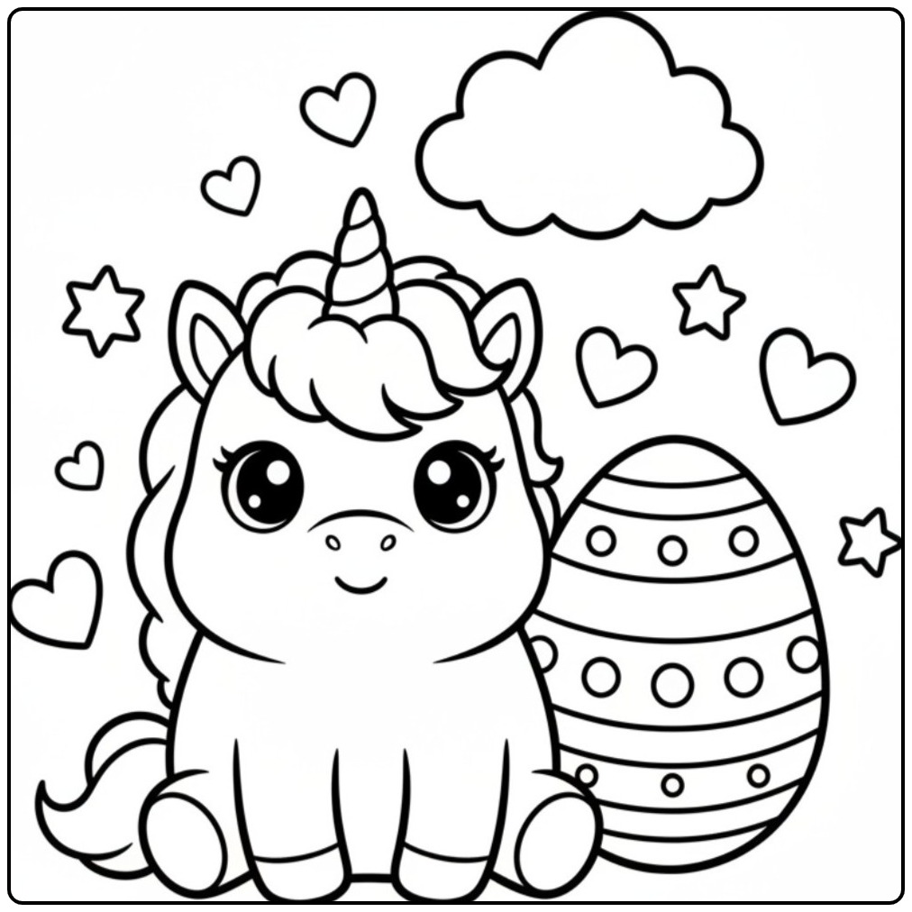 Kawaii kleurplaat unicorn Pasen: Eenhoorn en Paasei kleurplaat.