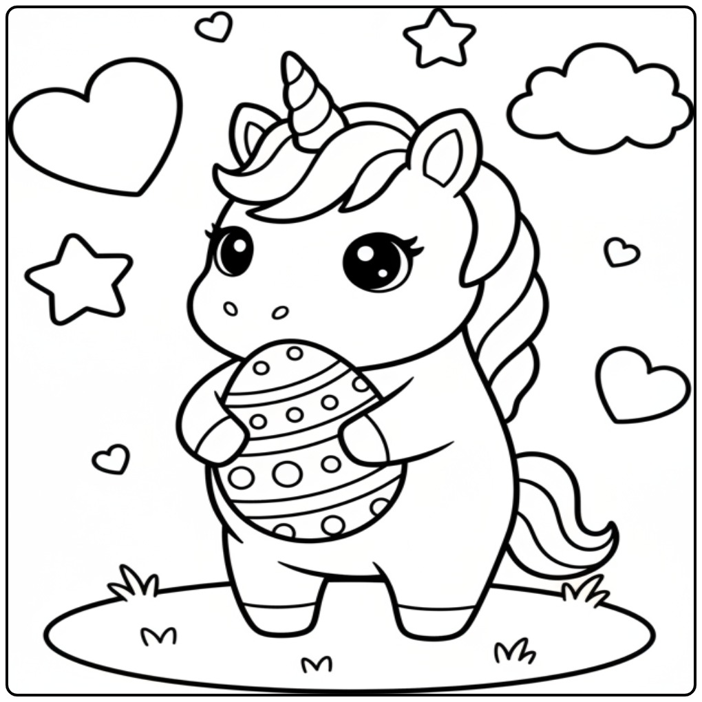 Kawaii kleurplaat unicorn Pasen. Eenhoorn met een paasei in zwart wit.