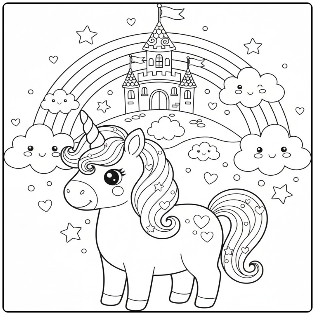 Schattige kleurplaat unicorn regenboog met een kasteel en wolken.