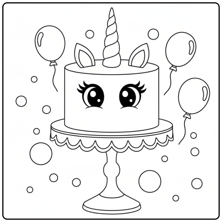 Een schattige kleurplaat unicorn taart met feestelijke ballonnen.