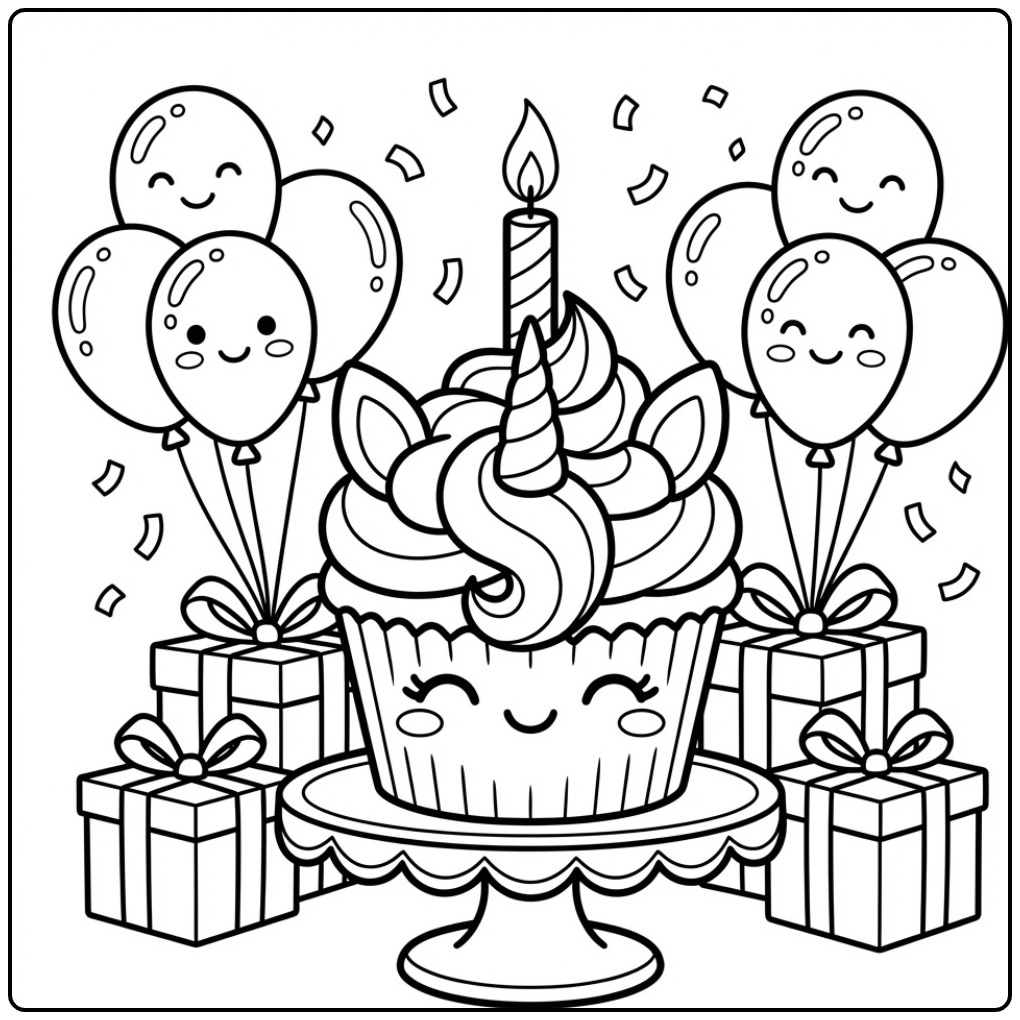 Vrolijke Verjaardag eenhoorn cupcake kleurplaat met ballonnen.