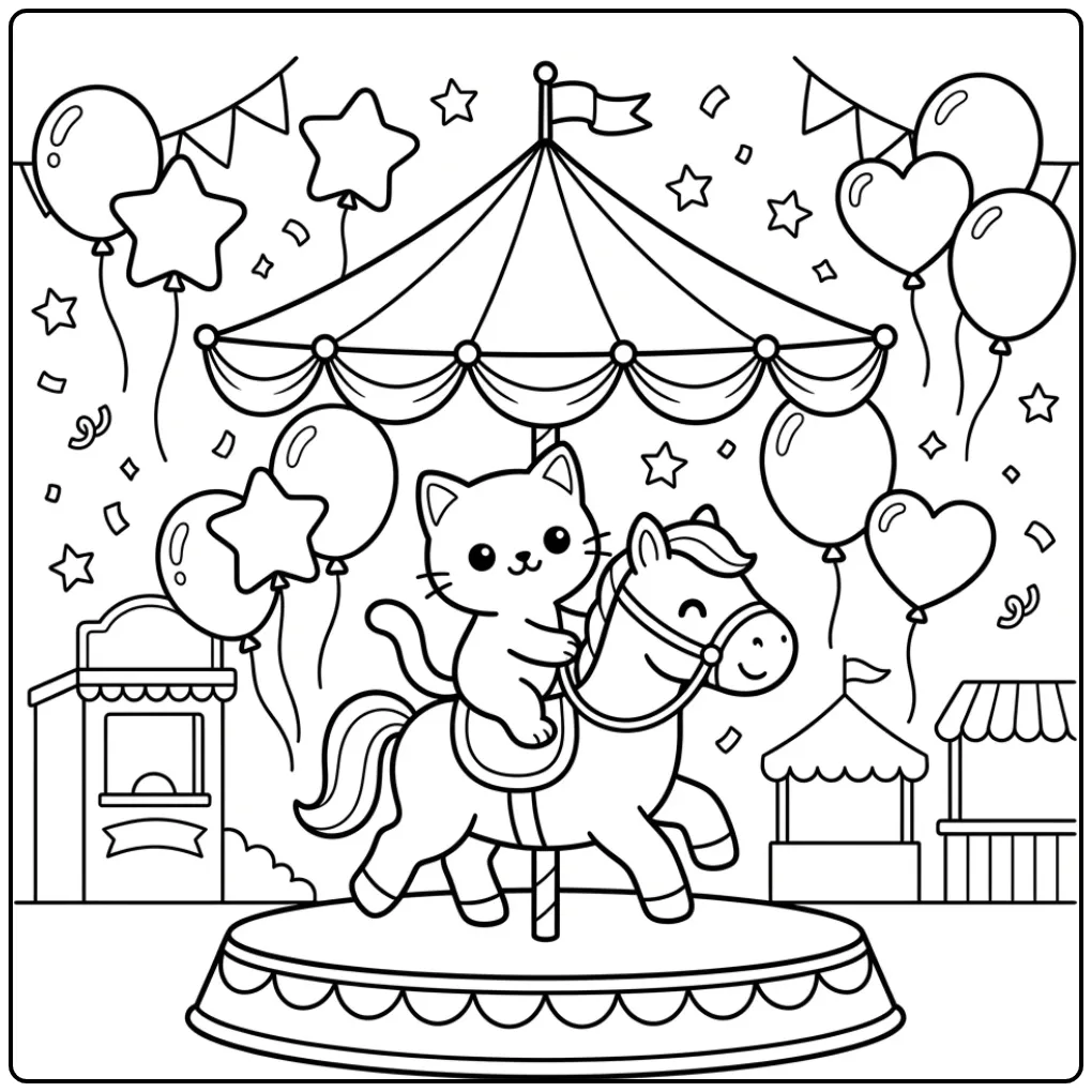 Leuke kleurplaat kat makkelijk op een draaimolen paardje.