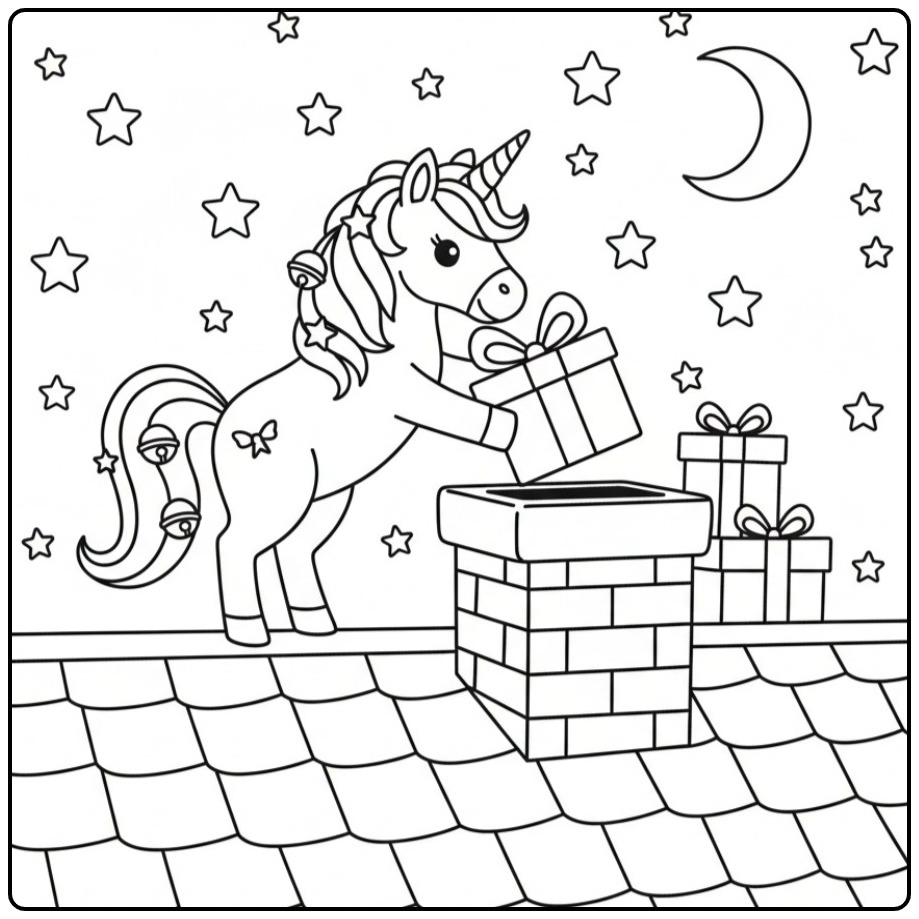 Kleurplaat: Kerst eenhoorn die cadeautjes bezorgt kleurplaat op dak.