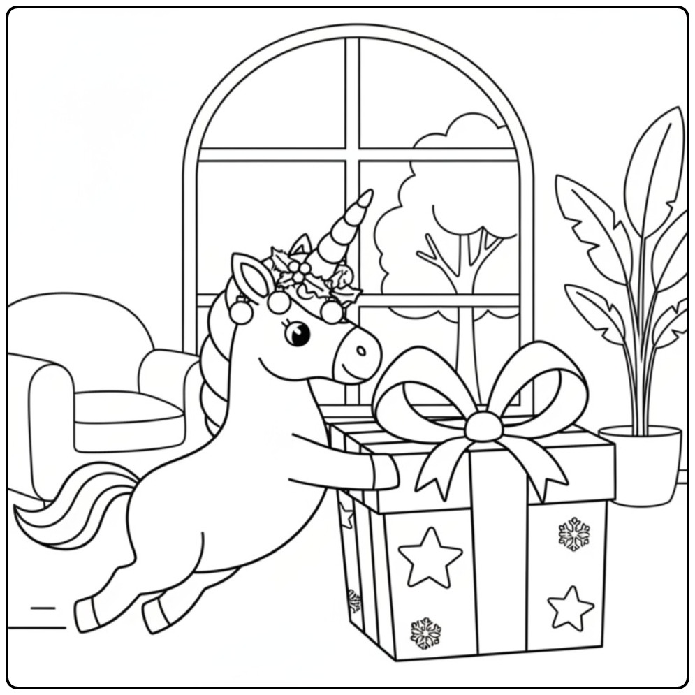 Kleurplaat Kerst eenhoorn die cadeautjes bezorgt kleurplaat