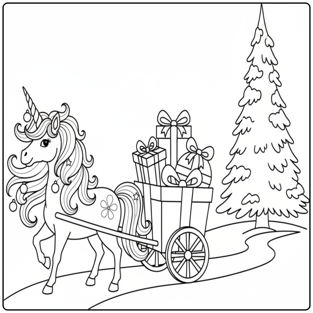Kerst eenhoorn die cadeautjes bezorgt kleurplaat. Mooie feestdagen!