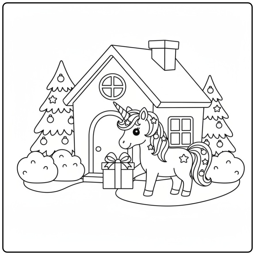 Kleurplaat: Kerst eenhoorn die cadeautjes bezorgt kleurplaat bij huis