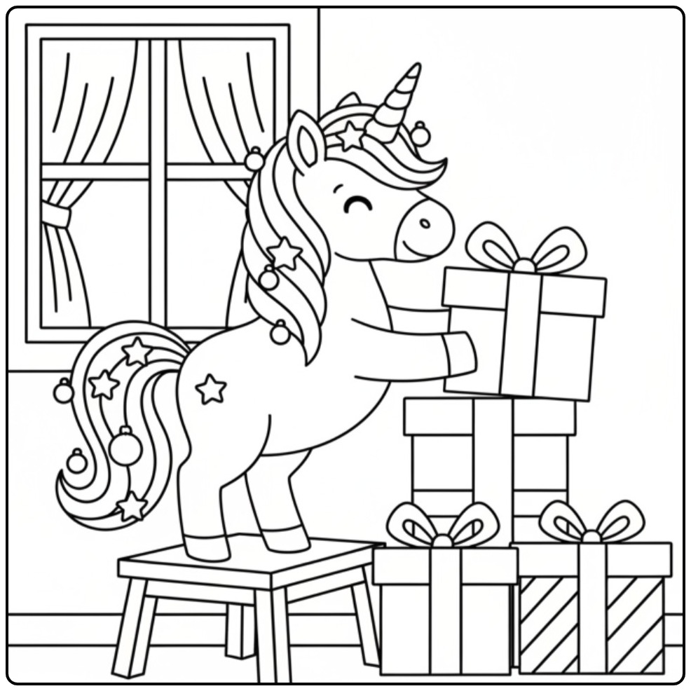 Kerst eenhoorn die cadeautjes bezorgt kleurplaat. Eenhoorn met pakjes!