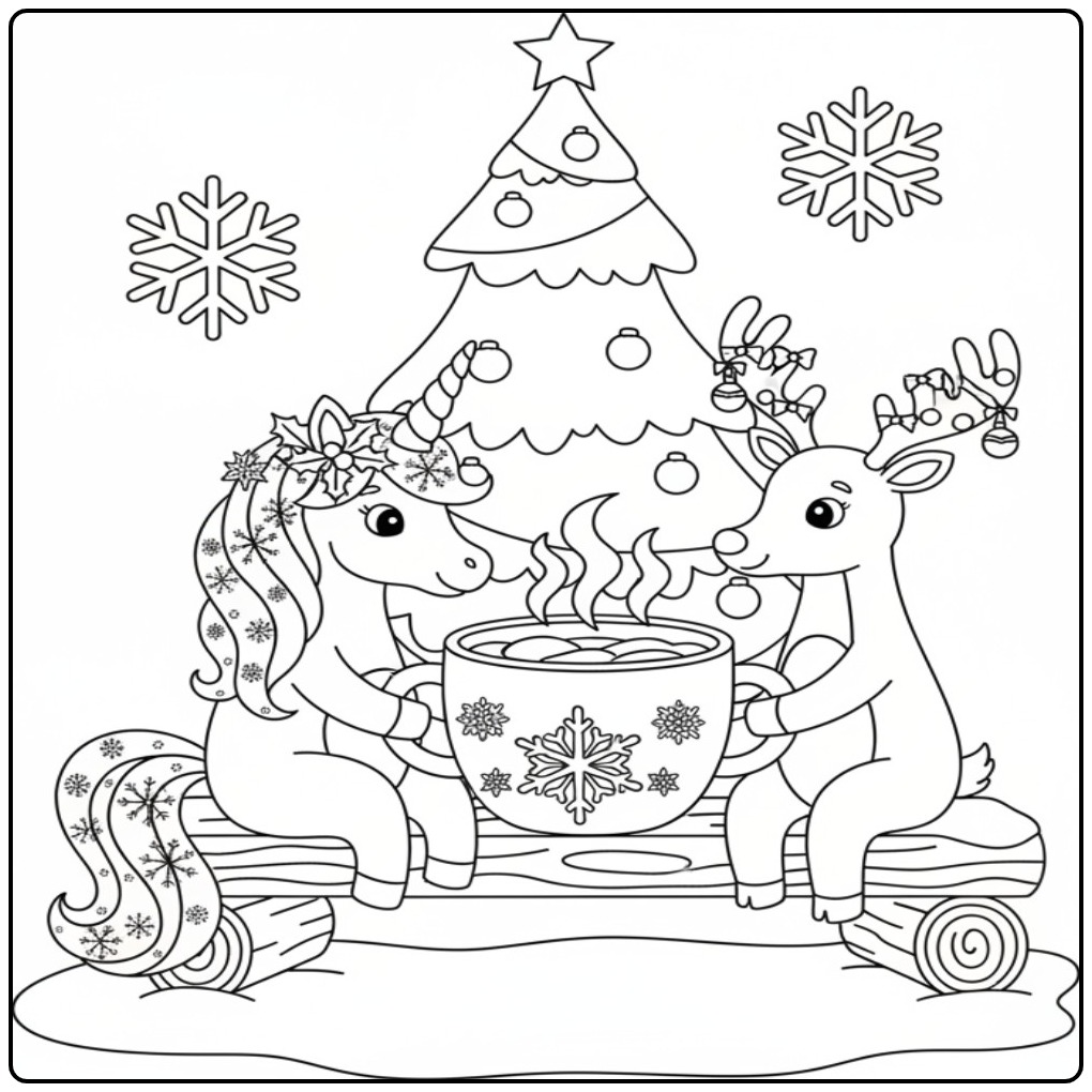 Kleurplaat: Kerst eenhoorn en rendier kleurplaat met warme chocolademelk