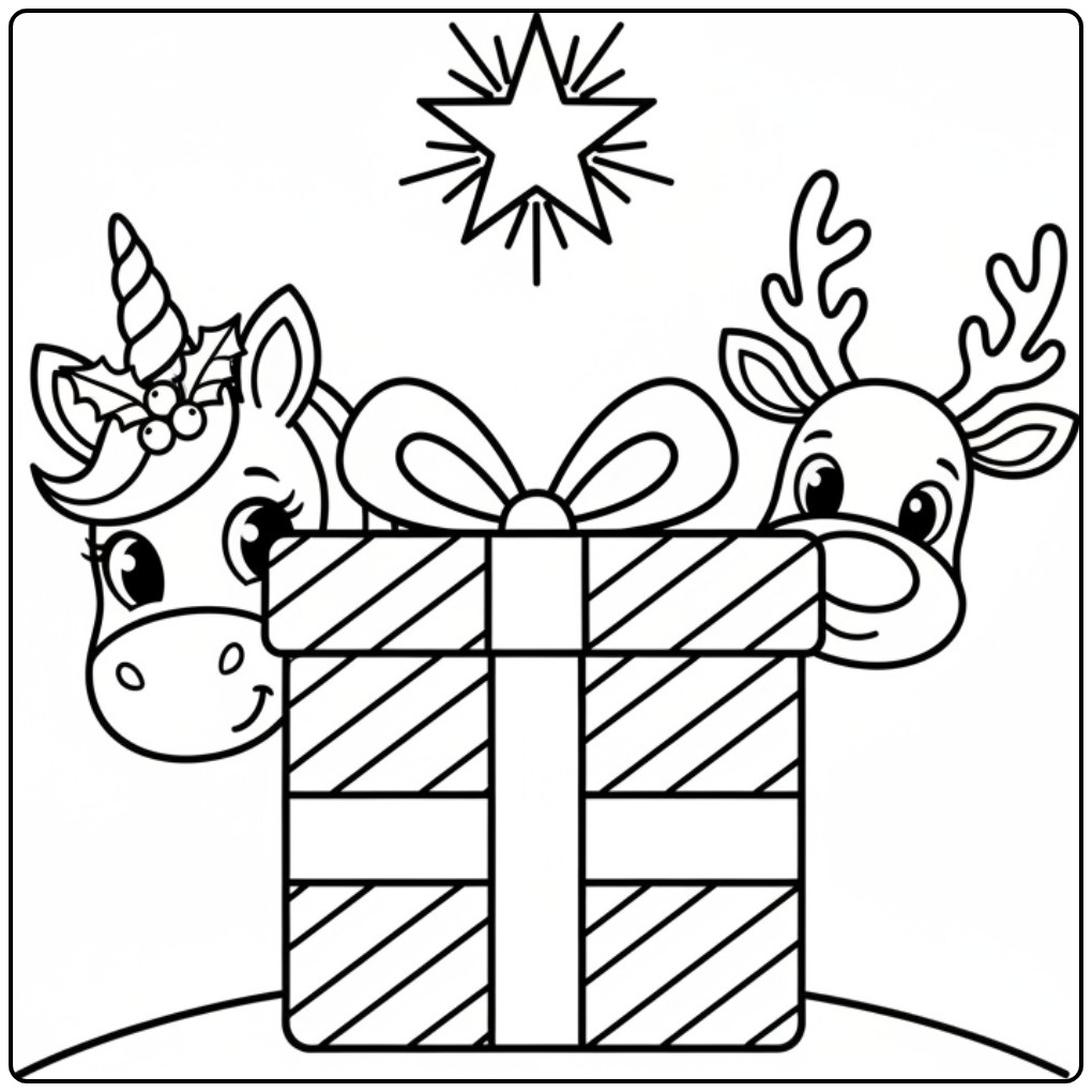 Kleurplaat met Kerst eenhoorn en rendier achter cadeau. Print hem!