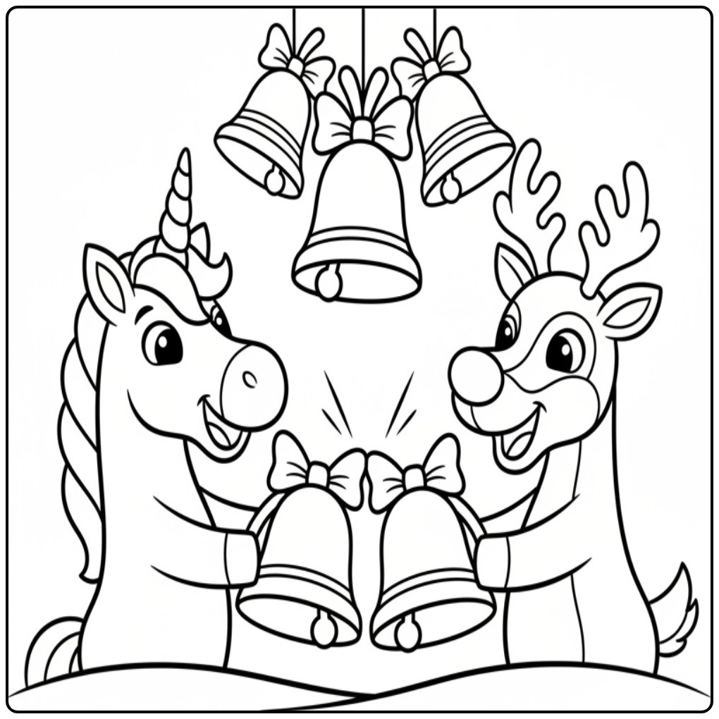 Kerst eenhoorn en rendier kleurplaat met bellen en vrolijkheid.