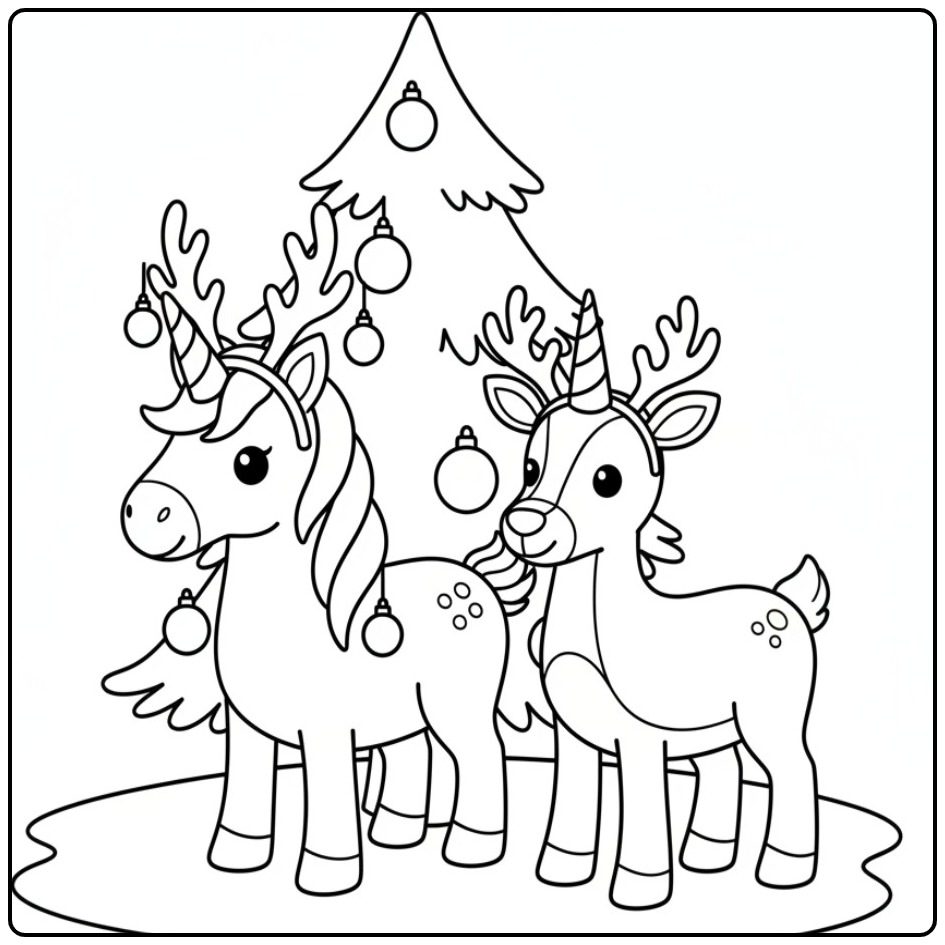 Kleur de Kerst eenhoorn en rendier kleurplaat in! Plezier!