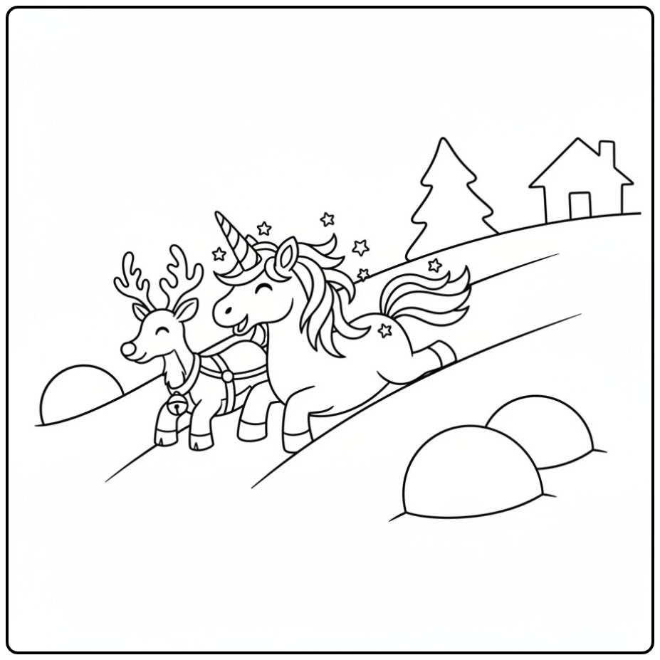 Kleur Kerst eenhoorn en rendier kleurplaat,winterpret!