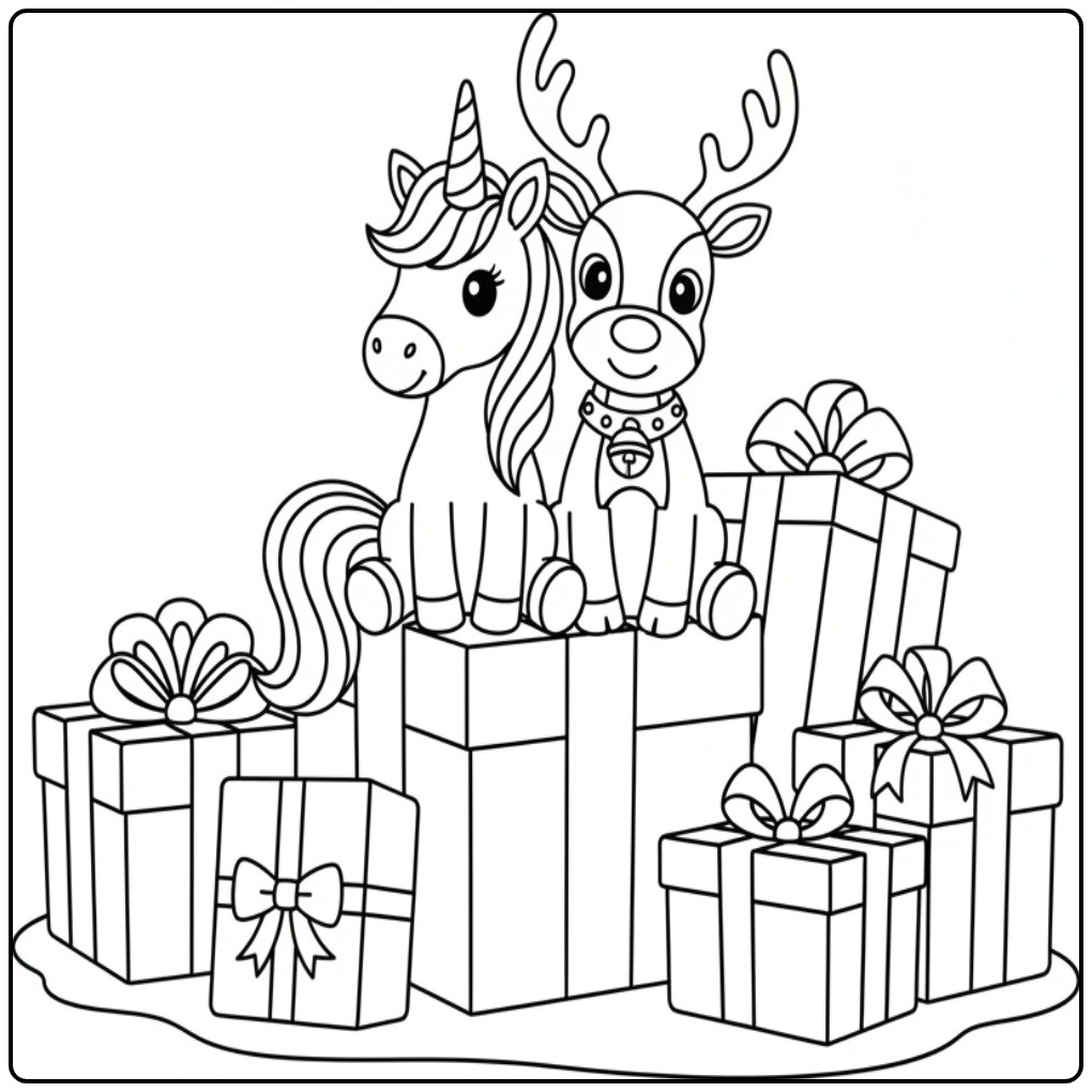 Kleur Kerst eenhoorn en rendier kleurplaat op cadeautjes