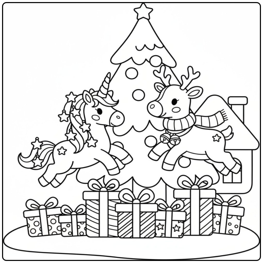 Kerst eenhoorn en rendier kleurplaat met cadeautjes.