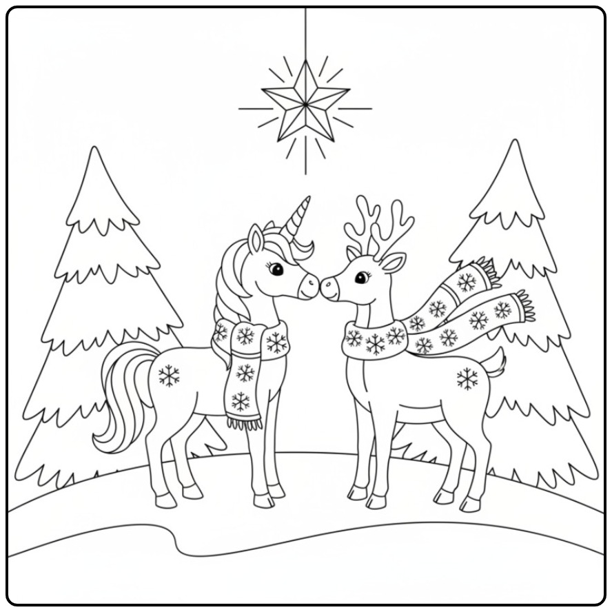 Kleur de Kerst eenhoorn en rendier kleurplaat in!