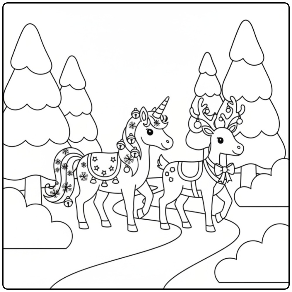 Kleurplaat Kerst eenhoorn en rendier. Winter pret!