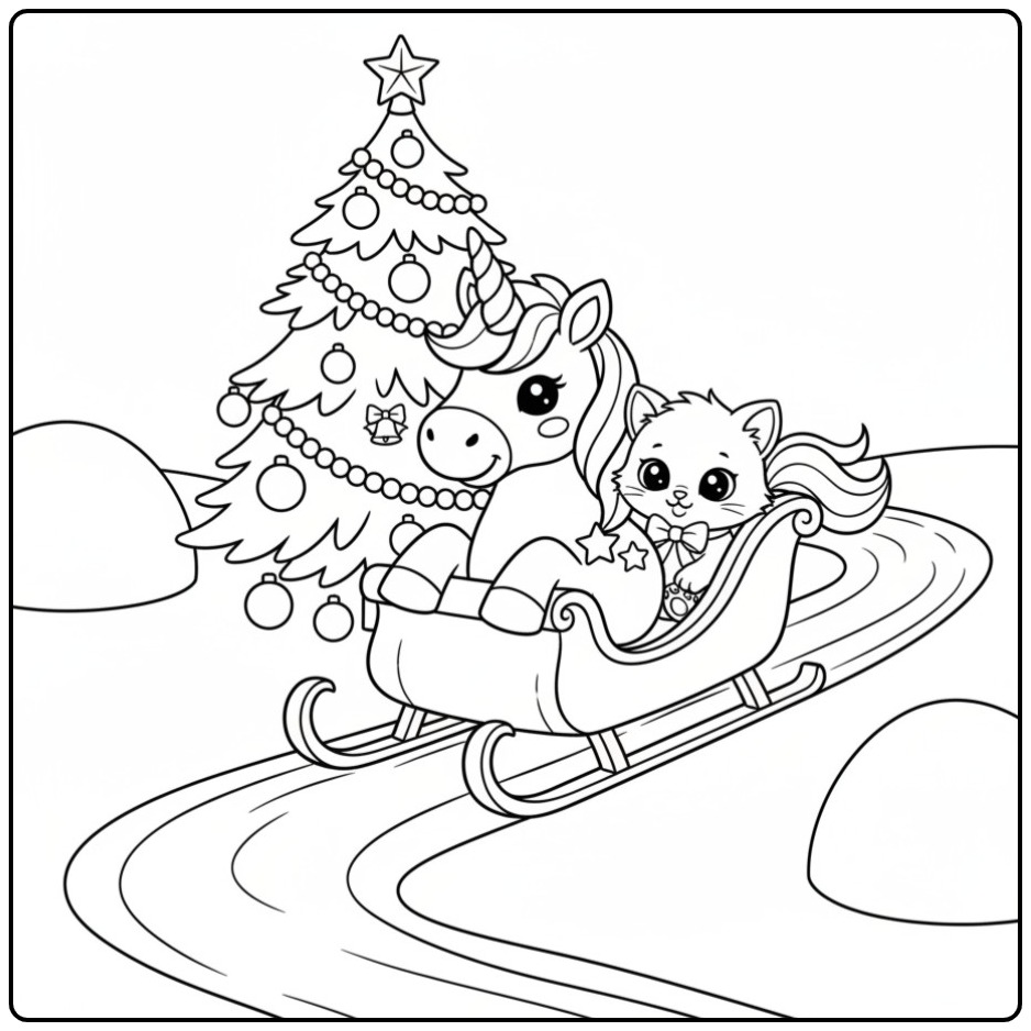 Kleurplaat van een Kerst eenhoorn in de arrenslee, feestelijke rit!