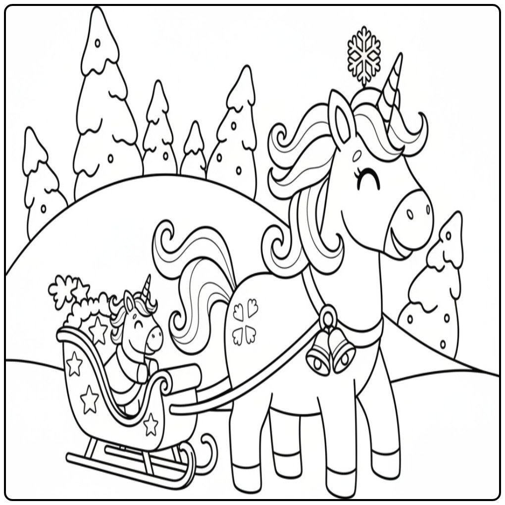 Kerst eenhoorn in de arrenslee kleurplaat, winterpret met de eenhoorns!