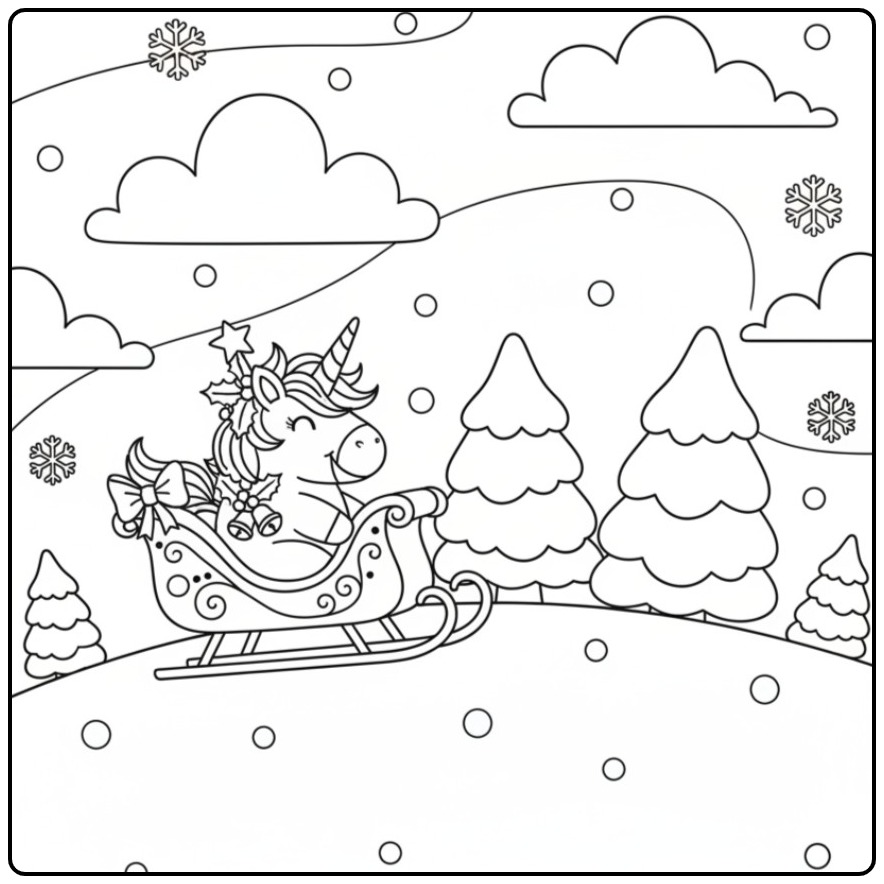 Kleur de Kerst eenhoorn in de arrenslee kleurplaat in de sneeuw!