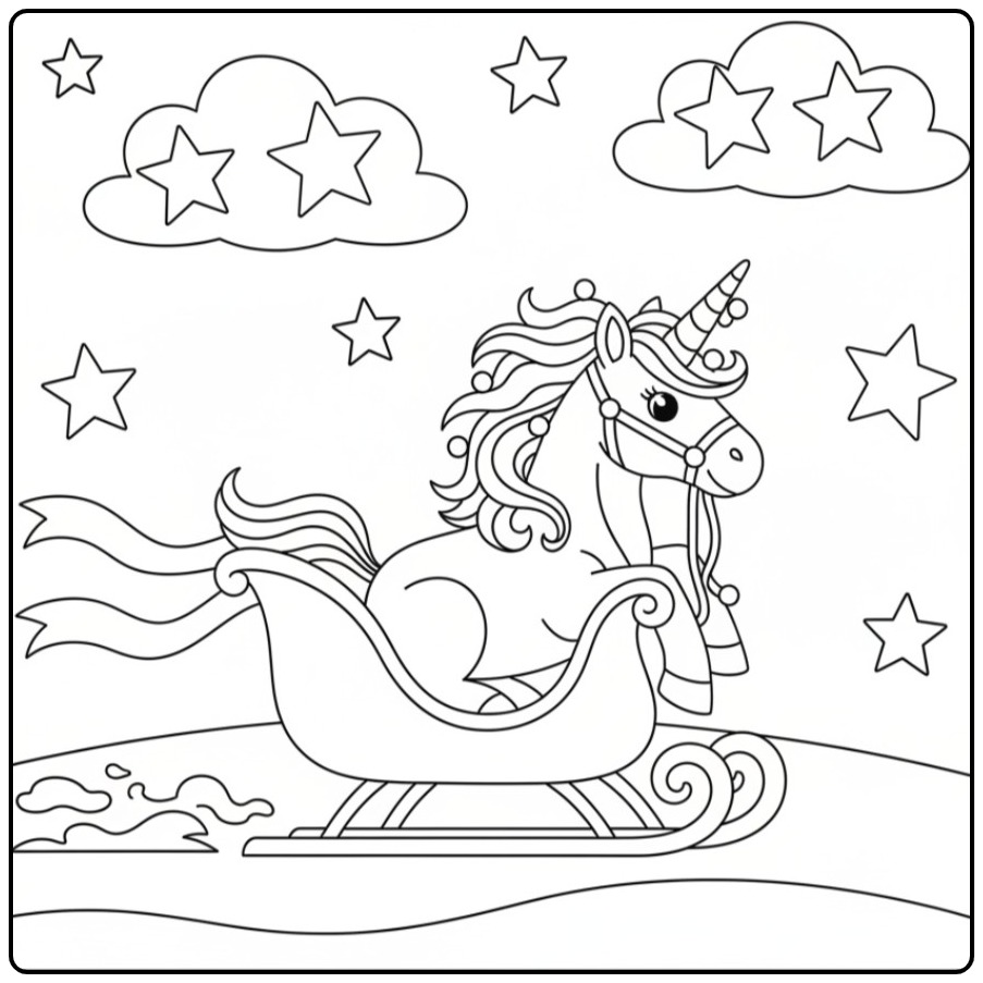 Kleur de Kerst eenhoorn in de arrenslee kleurplaat en de sterren!