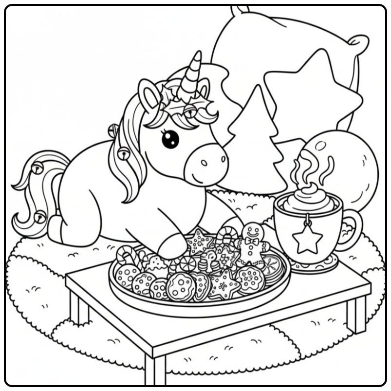 Kleur de Kerst eenhoorn met koekjes en warme chocolademelk kleurplaat!
