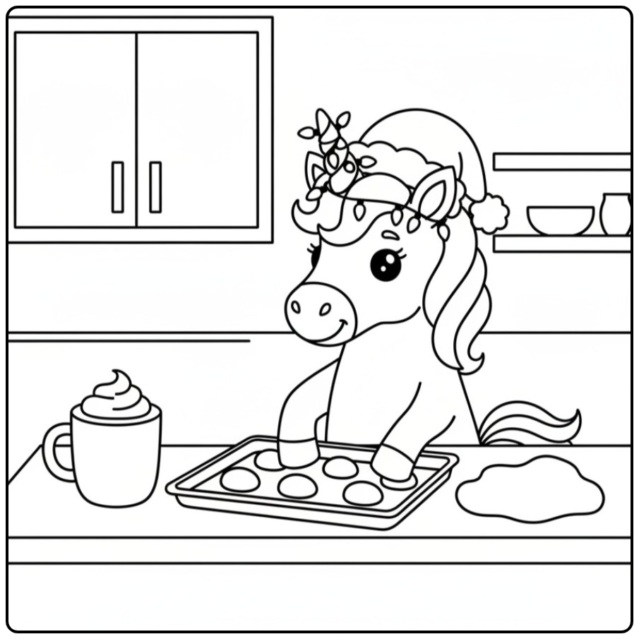 Kleurplaat: Kerst eenhoorn met koekjes en warme chocolademelk
